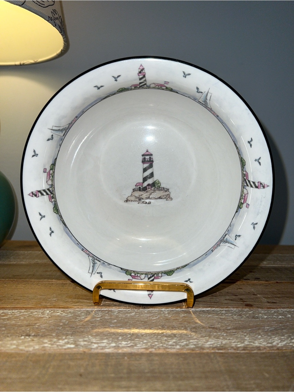 Classic Lighthouse Decorative Serving Bowl - White and Pink Accent